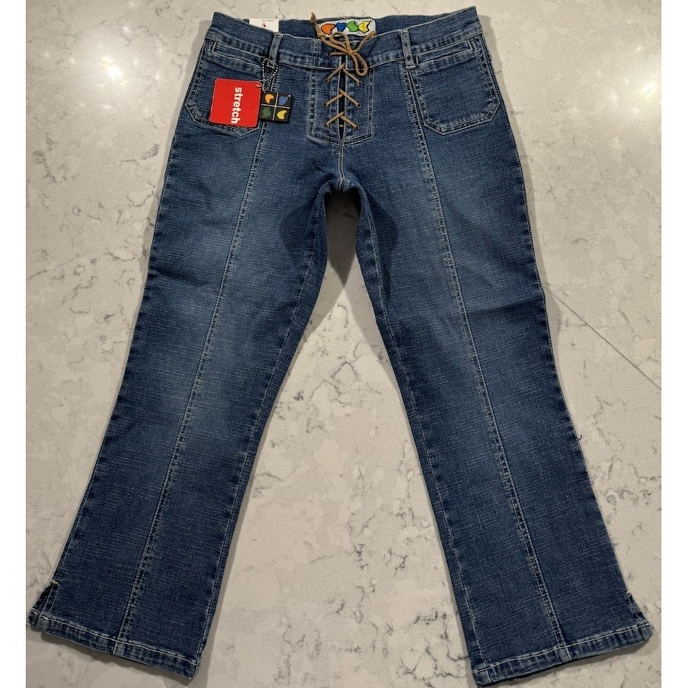 NWT Vintage 90s Fuse Flare Jeans Womens 7/8 Blue Wash Lace Up Stretch Denim Y2K